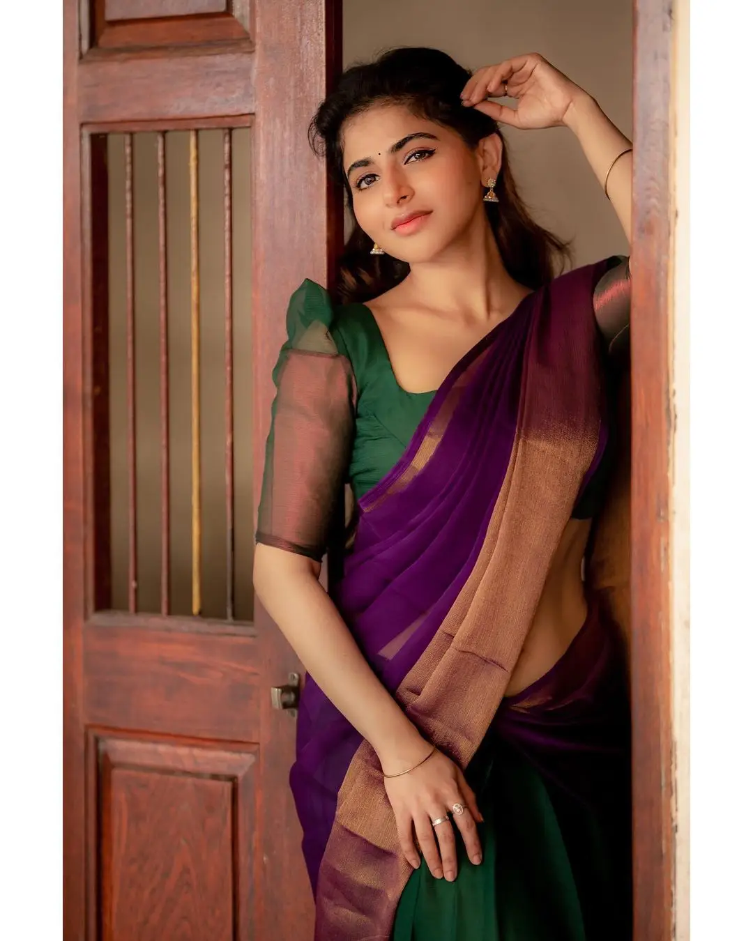 Indian Girl Iswarya Menon In Traditional Violet Saree Green Blouse